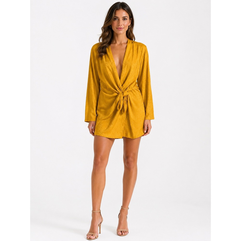 Zara Mustard Yellow Jacquard Floral Front Knot Plunging Mini Dress or Top Boho